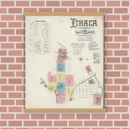 Old map wall art mockup — magnetic wood frame on brick wall — Sanborn Fire Insurance Map from Ithaca, Tompkins County, New York (1888), Sheet #0001