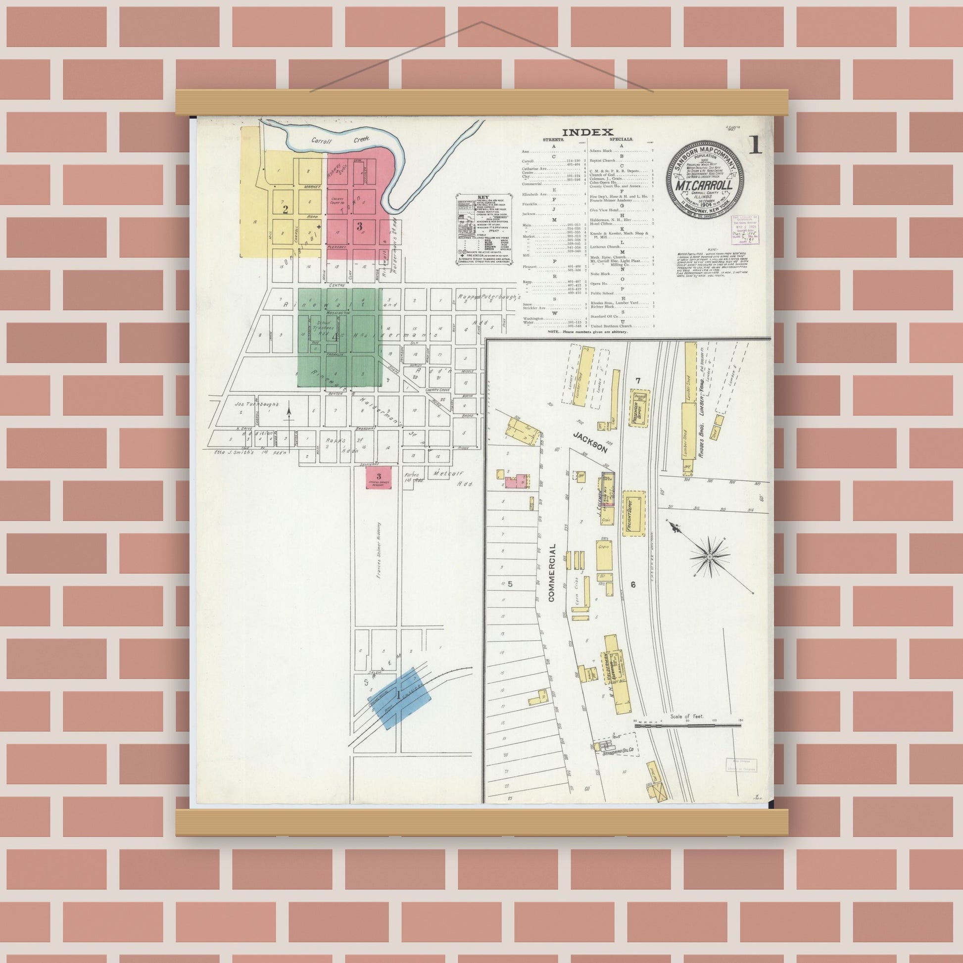 Old map wall art mockup — magnetic wood frame on brick wall — Sanborn Fire Insurance Map from Mount Carroll, Carroll County, Illinois (1904), Sheet #0001