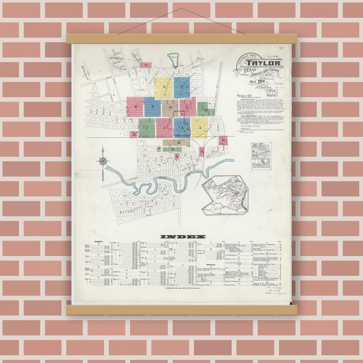 Old map wall art mockup — magnetic wood frame on brick wall — Sanborn Fire Insurance Map from Taylor, Williamson County, Texas (1916), Sheet #0001