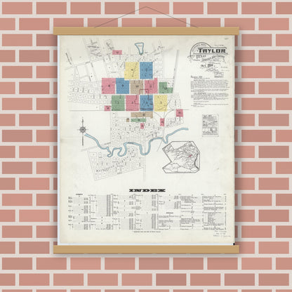 Old map wall art mockup — magnetic wood frame on brick wall — Sanborn Fire Insurance Map from Taylor, Williamson County, Texas (1916), Sheet #0001