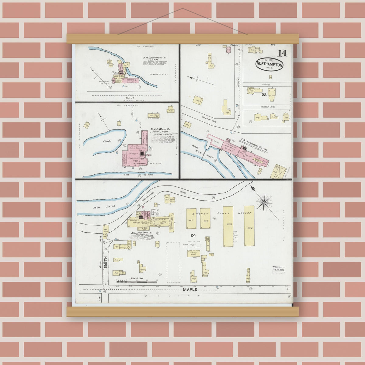 Old map wall art mockup — magnetic wood frame on brick wall — Sanborn Fire Insurance Map from Northampton, Hampshire County, Massachusetts (1889), Sheet #0014