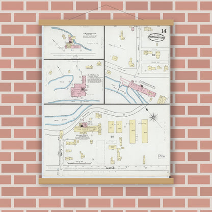 Old map wall art mockup — magnetic wood frame on brick wall — Sanborn Fire Insurance Map from Northampton, Hampshire County, Massachusetts (1889), Sheet #0014