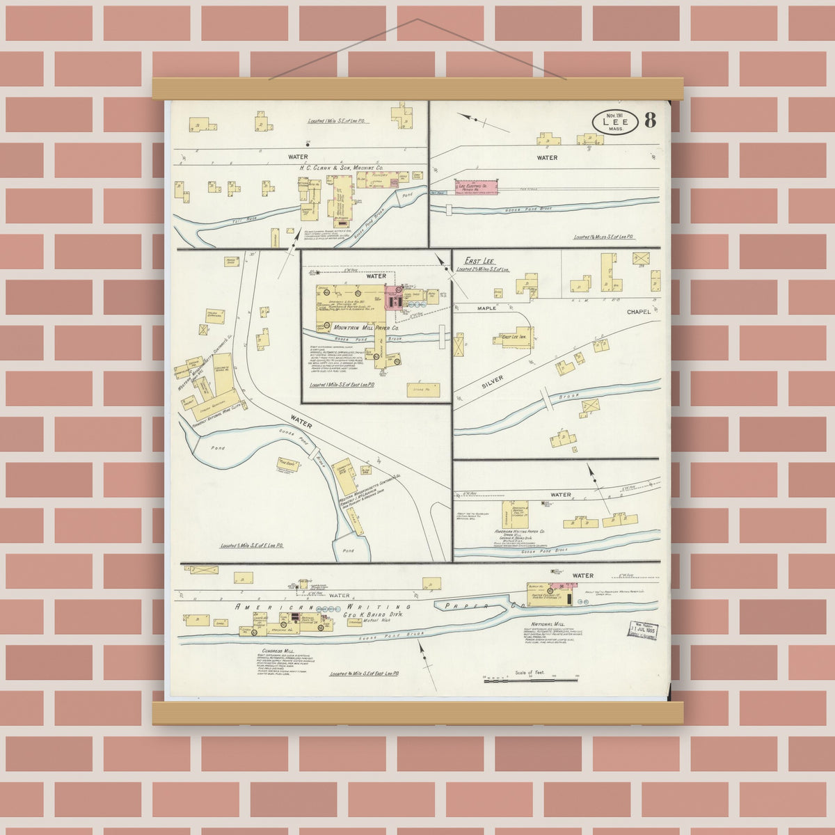 Old map wall art mockup — magnetic wood frame on brick wall — Sanborn Fire Insurance Map from Lee, Berkshire County, Massachusetts (1911), Sheet #0008