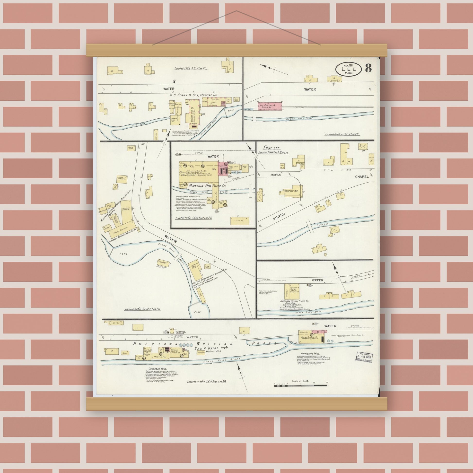 Old map wall art mockup — magnetic wood frame on brick wall — Sanborn Fire Insurance Map from Lee, Berkshire County, Massachusetts (1911), Sheet #0008