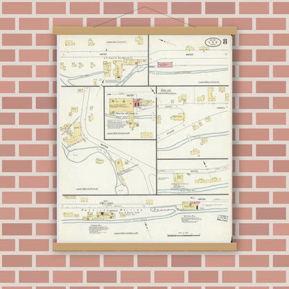 Old map wall art mockup — magnetic wood frame on brick wall — Sanborn Fire Insurance Map from Lee, Berkshire County, Massachusetts (1911), Sheet #0008