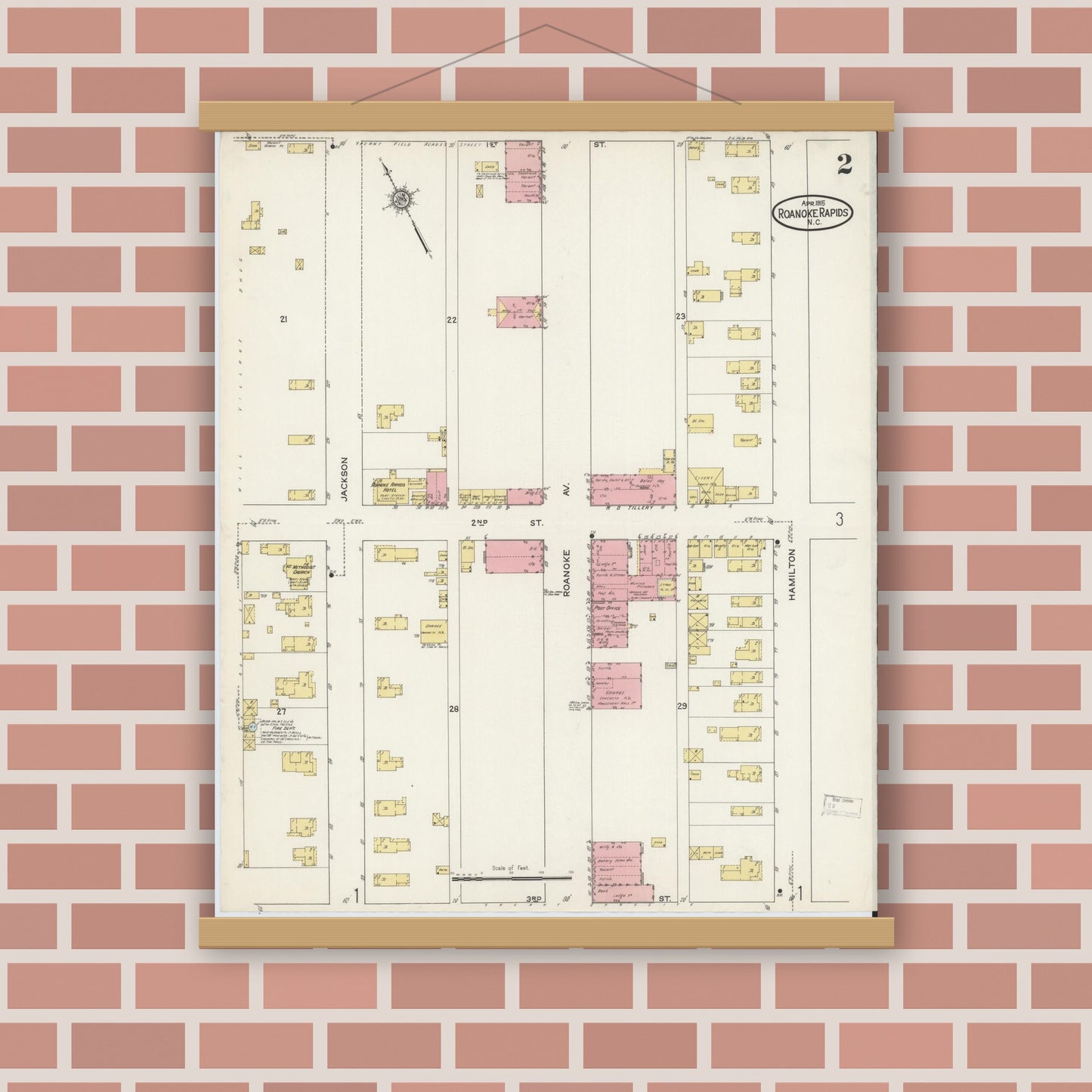 Old map wall art mockup — magnetic wood frame on brick wall — Sanborn Fire Insurance Map from Roanoke Rapids, Halifax County, North Carolina (1915), Sheet #0002