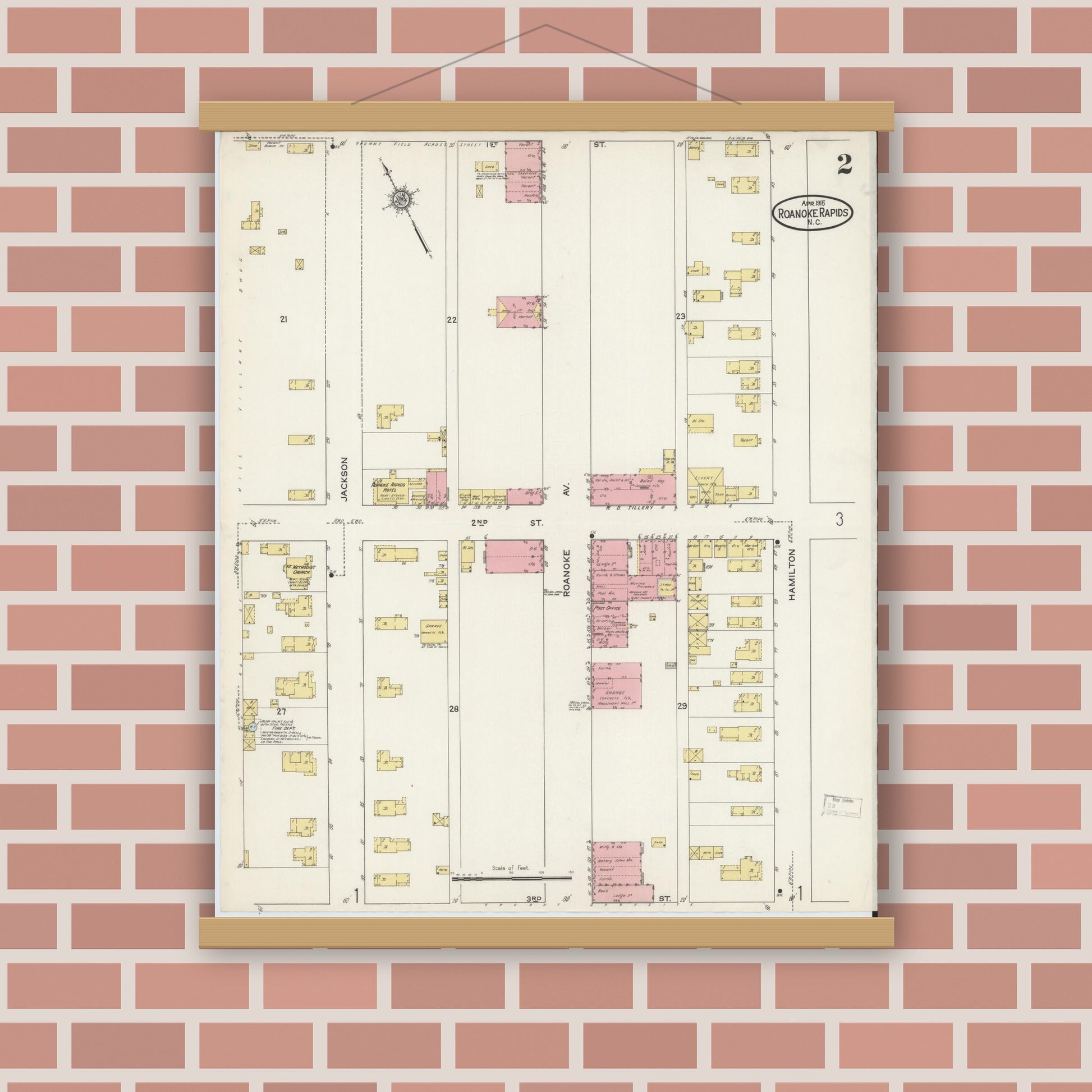Old map wall art mockup — magnetic wood frame on brick wall — Sanborn Fire Insurance Map from Roanoke Rapids, Halifax County, North Carolina (1915), Sheet #0002