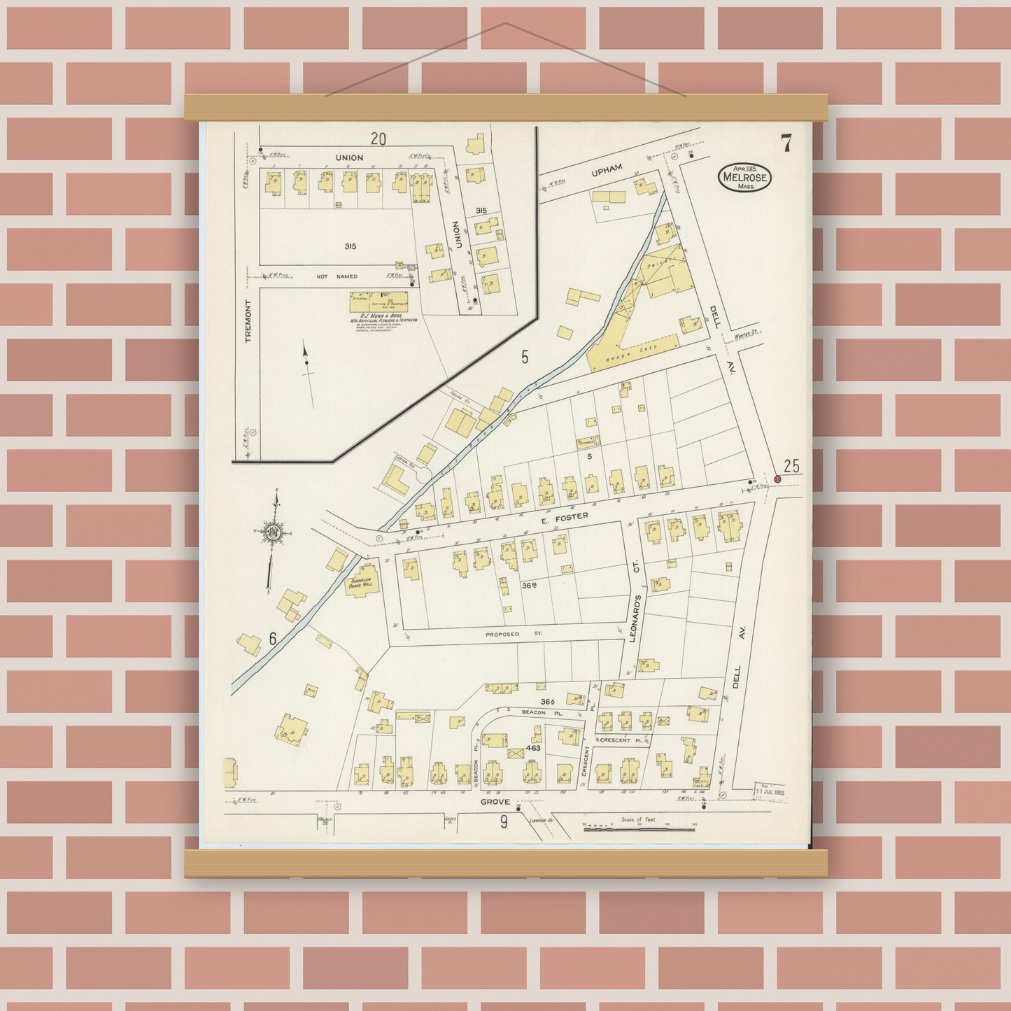 Old map wall art mockup — magnetic wood frame on brick wall — Sanborn Fire Insurance Map from Melrose, Middlesex County, Massachusetts (1915), Sheet #0007