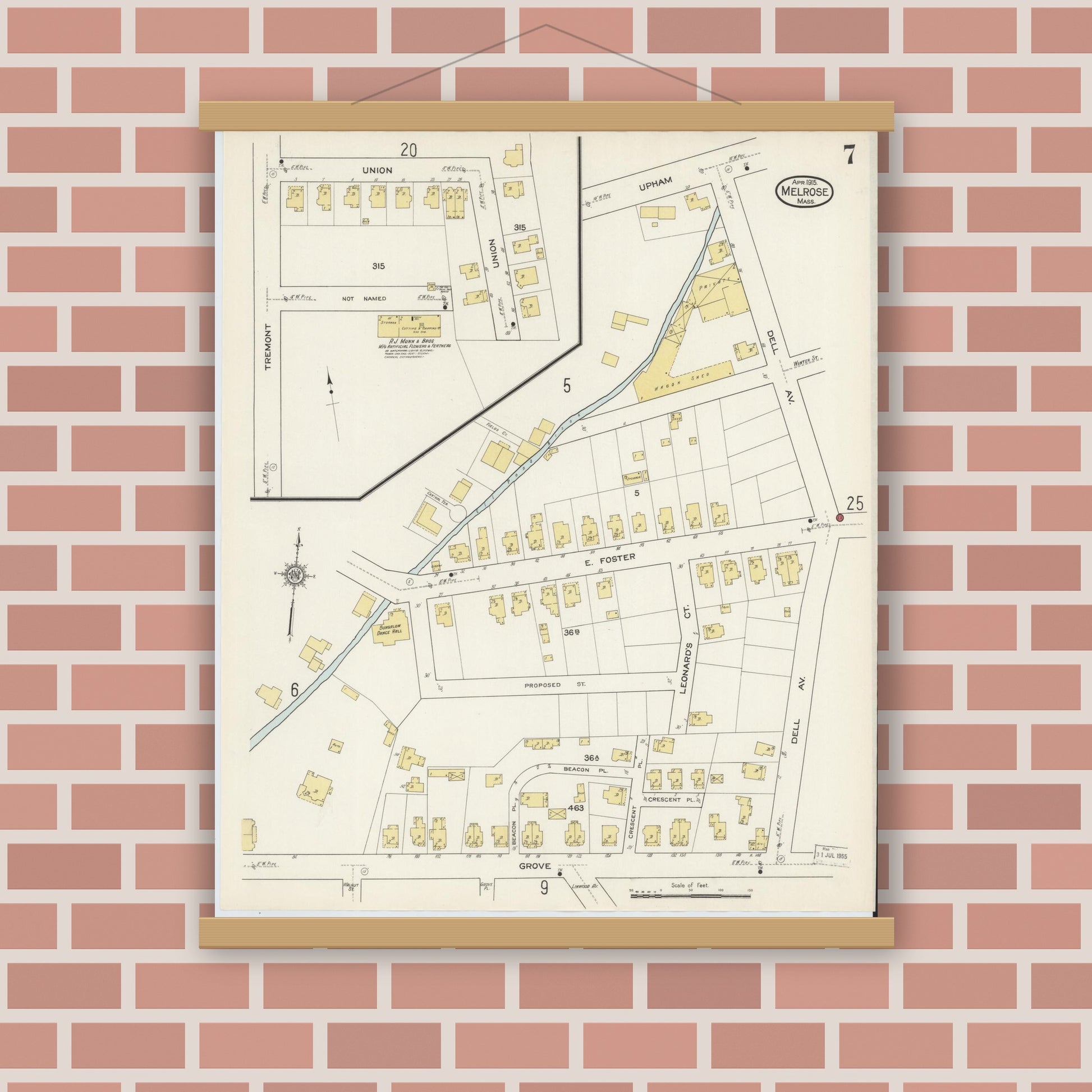 Old map wall art mockup — magnetic wood frame on brick wall — Sanborn Fire Insurance Map from Melrose, Middlesex County, Massachusetts (1915), Sheet #0007
