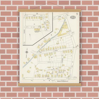 Old map wall art mockup — magnetic wood frame on brick wall — Sanborn Fire Insurance Map from Melrose, Middlesex County, Massachusetts (1915), Sheet #0007