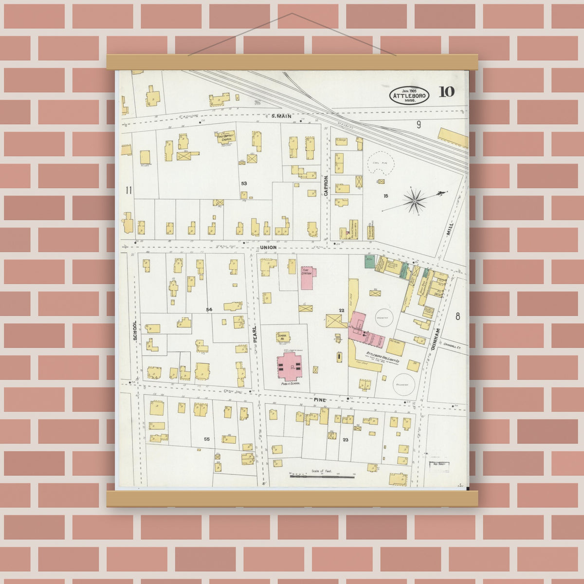 Old map wall art mockup — magnetic wood frame on brick wall — Sanborn Fire Insurance Map from Attleboro, Bristol County, Massachusetts (1905), Sheet #0010