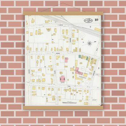 Old map wall art mockup — magnetic wood frame on brick wall — Sanborn Fire Insurance Map from Attleboro, Bristol County, Massachusetts (1905), Sheet #0010