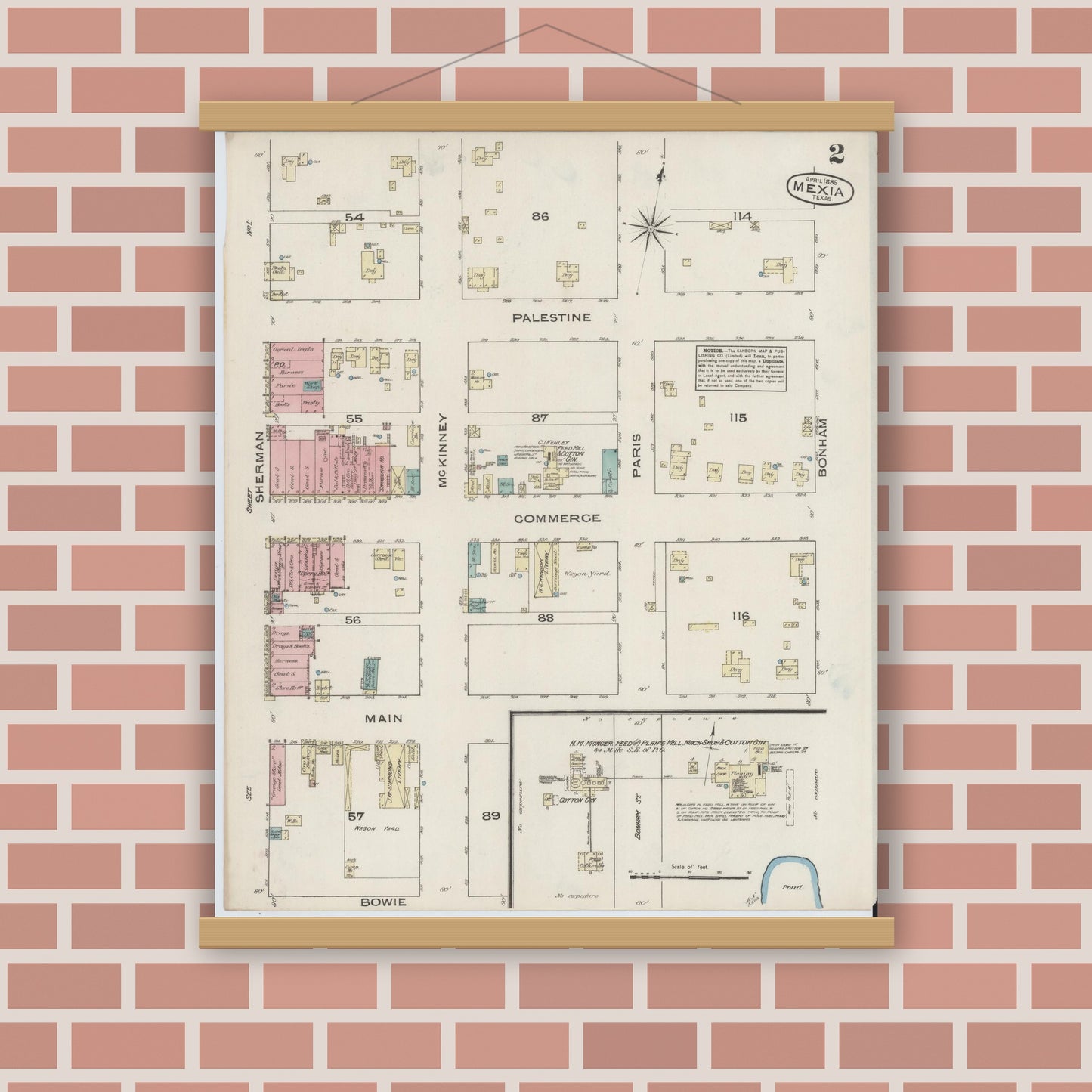 Old map wall art mockup — magnetic wood frame on brick wall — Sanborn Fire Insurance Map from Mexia, Limestone County, Texas (1885), Sheet #0002