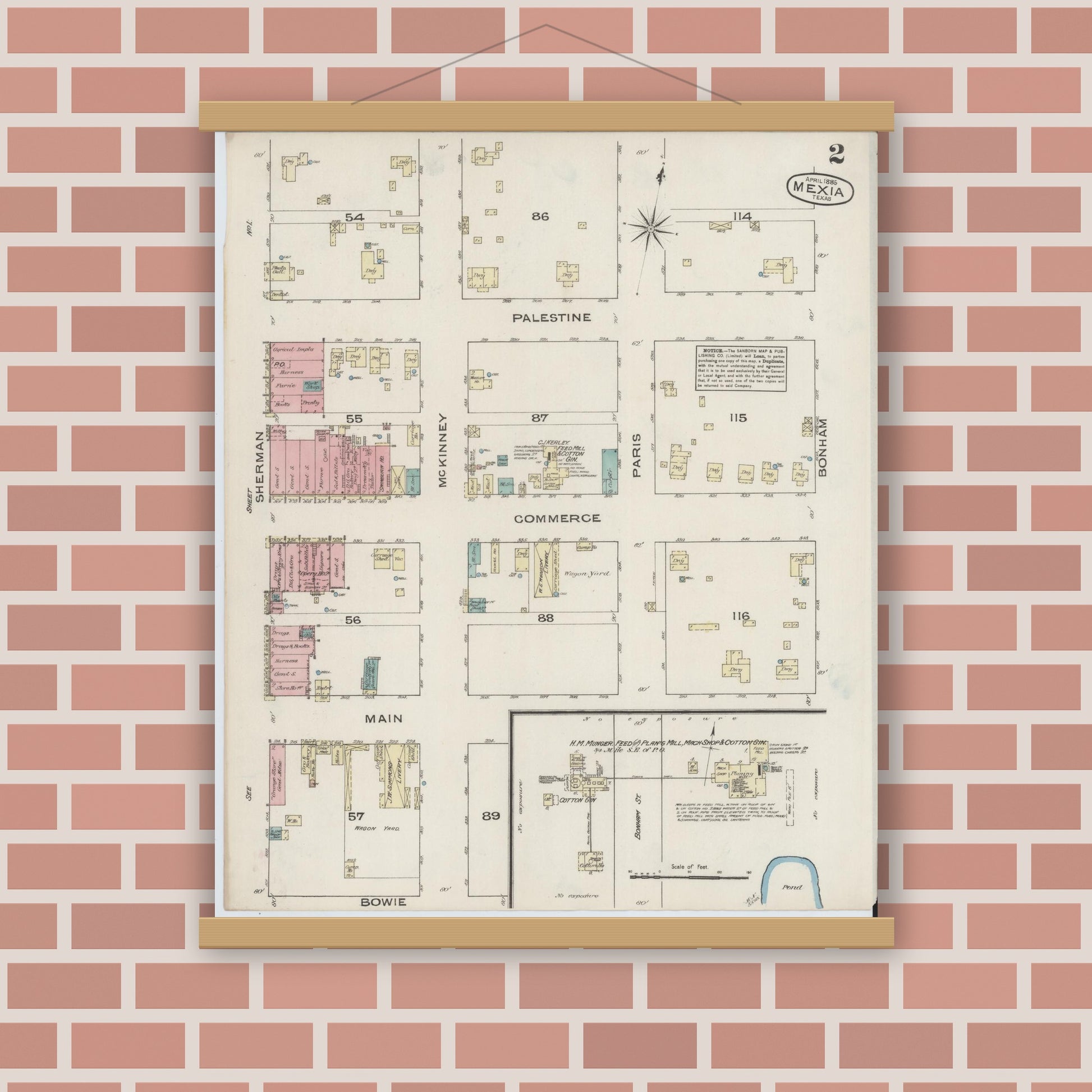 Old map wall art mockup — magnetic wood frame on brick wall — Sanborn Fire Insurance Map from Mexia, Limestone County, Texas (1885), Sheet #0002