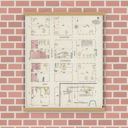 Old map wall art mockup — magnetic wood frame on brick wall — Sanborn Fire Insurance Map from Mexia, Limestone County, Texas (1885), Sheet #0002
