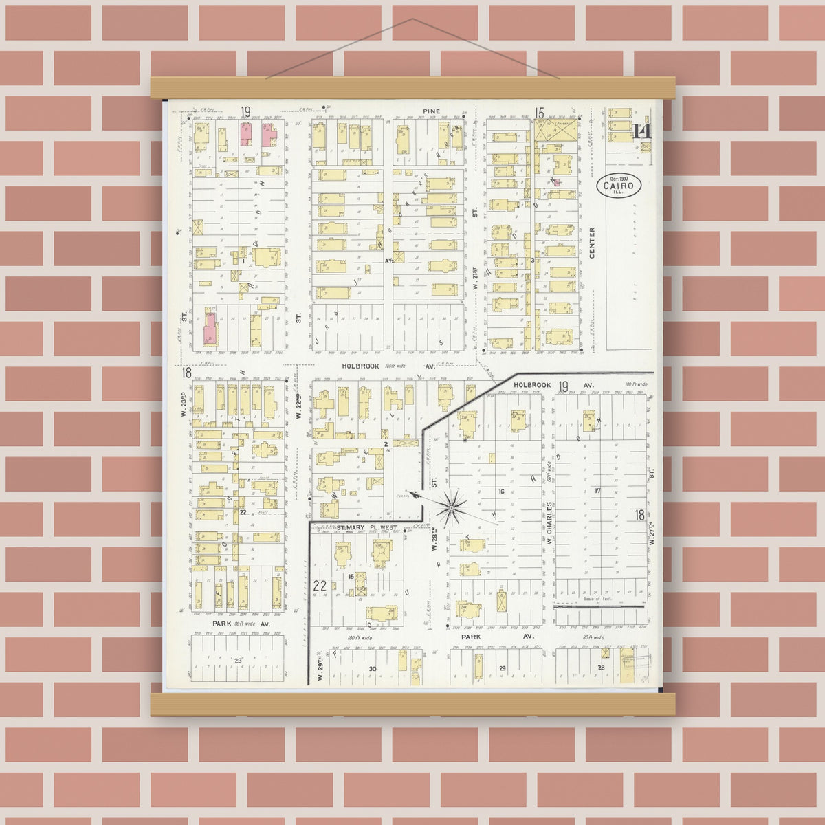 Old map wall art mockup — magnetic wood frame on brick wall — Sanborn Fire Insurance Map from Cairo, Alexander County, Illinois (1907), Sheet #0014