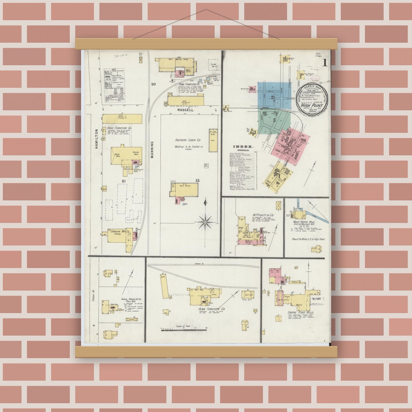 Old map wall art mockup — magnetic wood frame on brick wall — Sanborn Fire Insurance Map from High Point, Guilford County, North Carolina (1896) - Complete Map Set