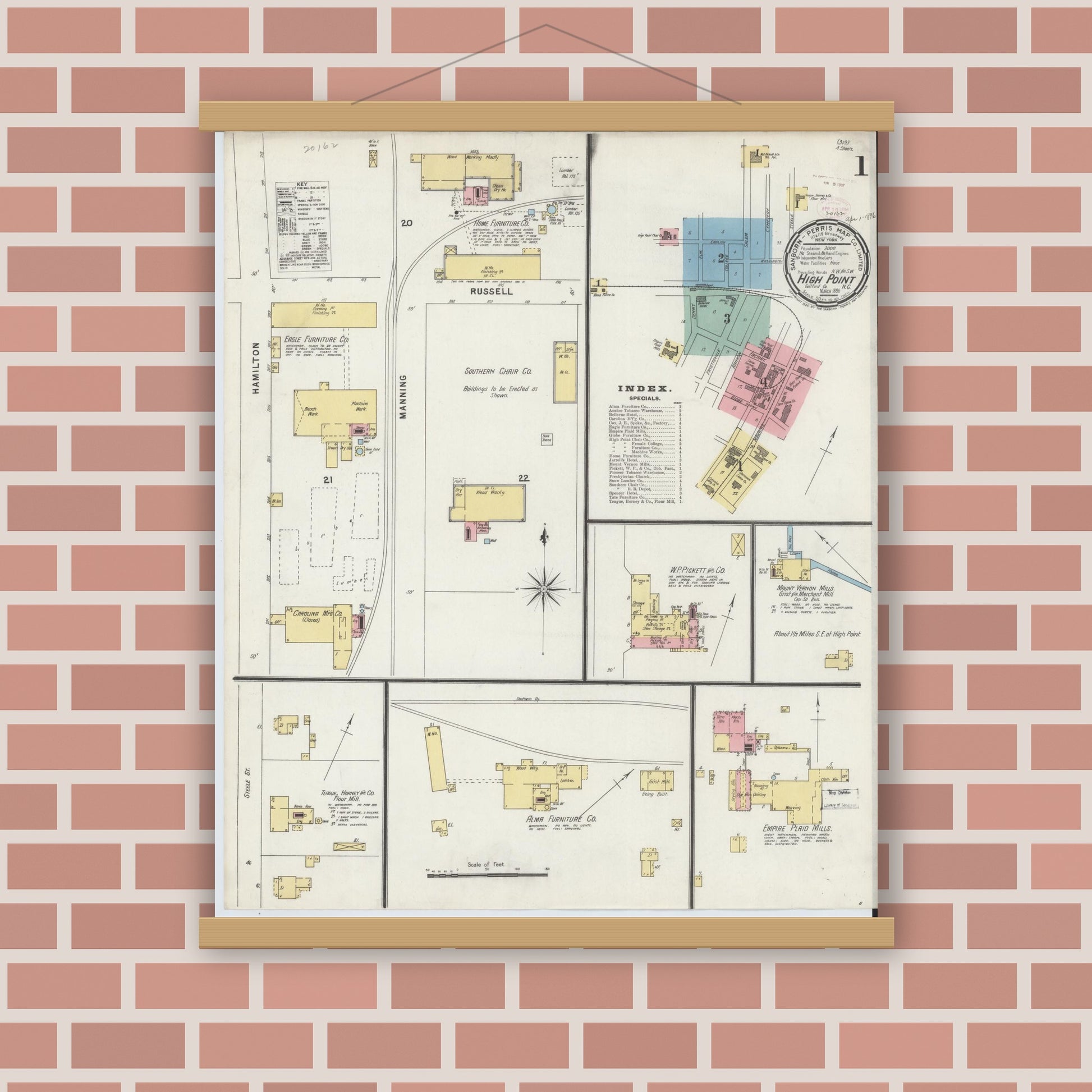 Old map wall art mockup — magnetic wood frame on brick wall — Sanborn Fire Insurance Map from High Point, Guilford County, North Carolina (1896) - Complete Map Set
