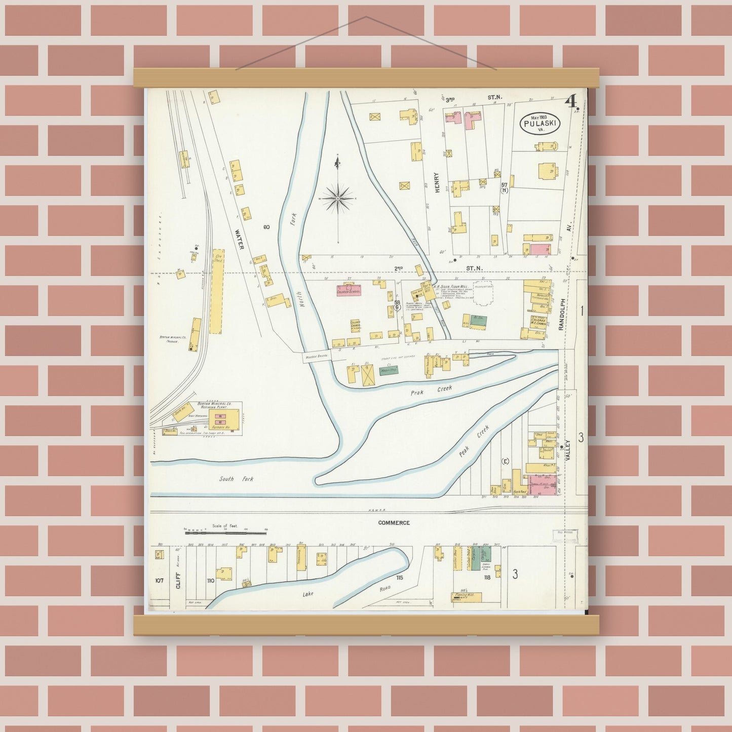 Old map wall art mockup — magnetic wood frame on brick wall — Sanborn Fire Insurance Map from Pulaski, Pulaski County, Virginia (1903), Sheet #0004