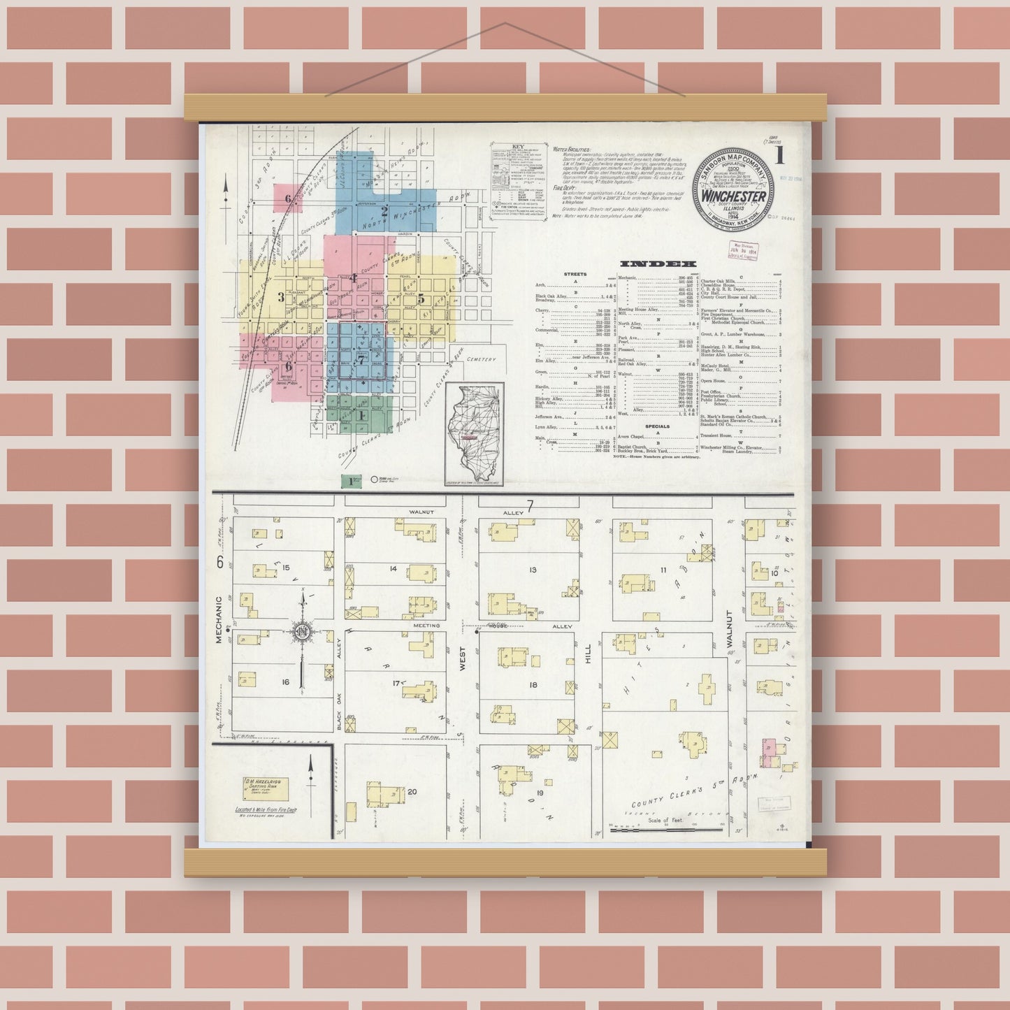 Old map wall art mockup — magnetic wood frame on brick wall — Sanborn Fire Insurance Map from Winchester, Scott County, Illinois (1914) - Complete Map Set