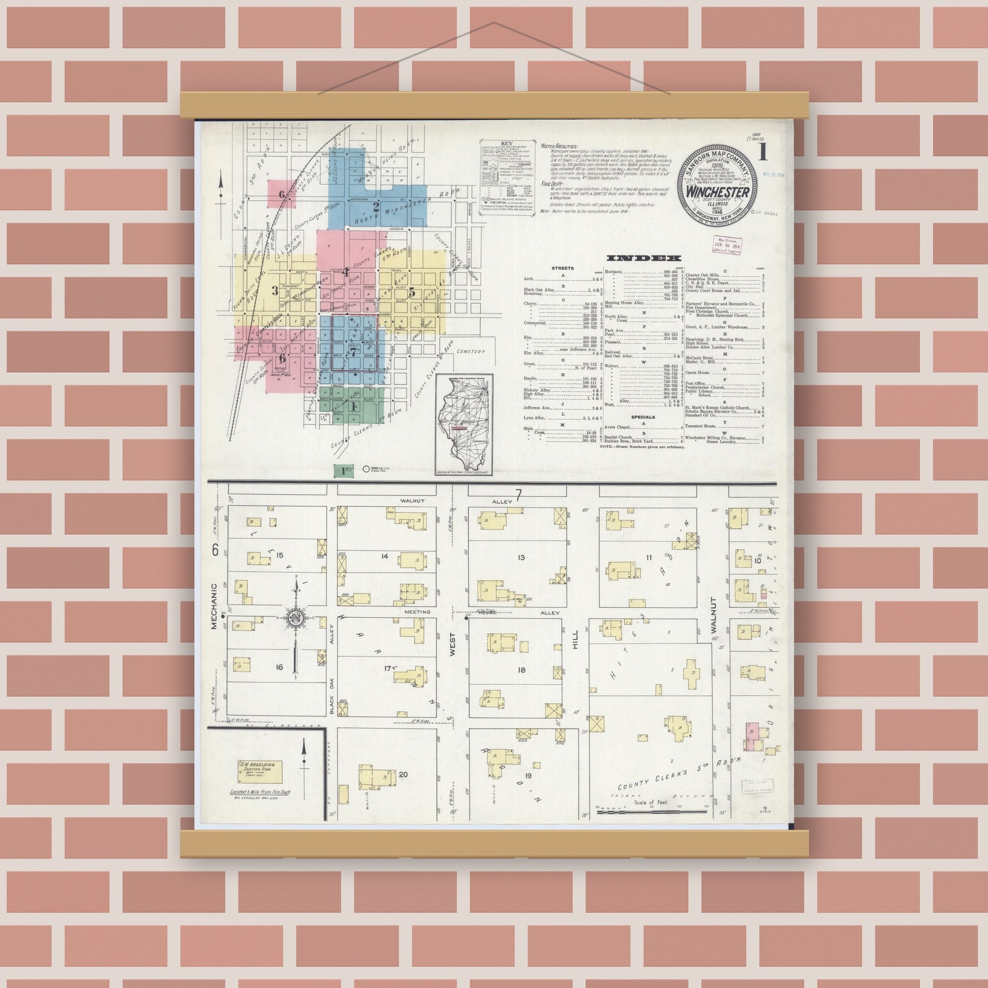 Old map wall art mockup — magnetic wood frame on brick wall — Sanborn Fire Insurance Map from Winchester, Scott County, Illinois (1914) - Complete Map Set