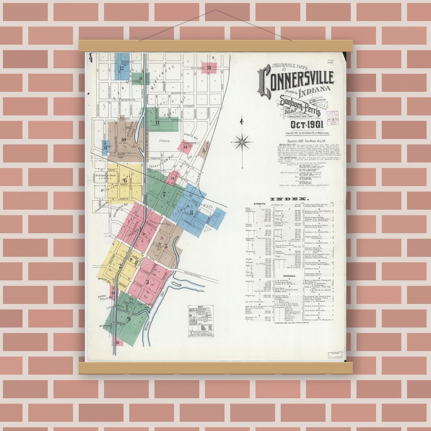 Old map wall art mockup — magnetic wood frame on brick wall — Sanborn Fire Insurance Map from Connersville, Fayette County, Indiana (1901) - Complete Map Set