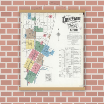 Old map wall art mockup — magnetic wood frame on brick wall — Sanborn Fire Insurance Map from Connersville, Fayette County, Indiana (1901) - Complete Map Set
