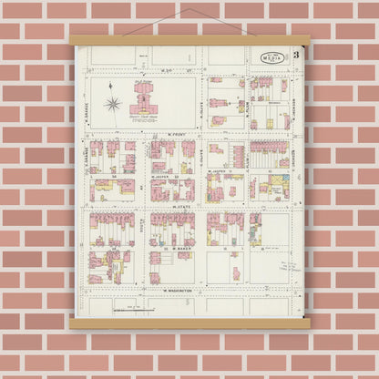 Old map wall art mockup — magnetic wood frame on brick wall — Sanborn Fire Insurance Map from Media, Delaware County, Pennsylvania (1894), Sheet #0003