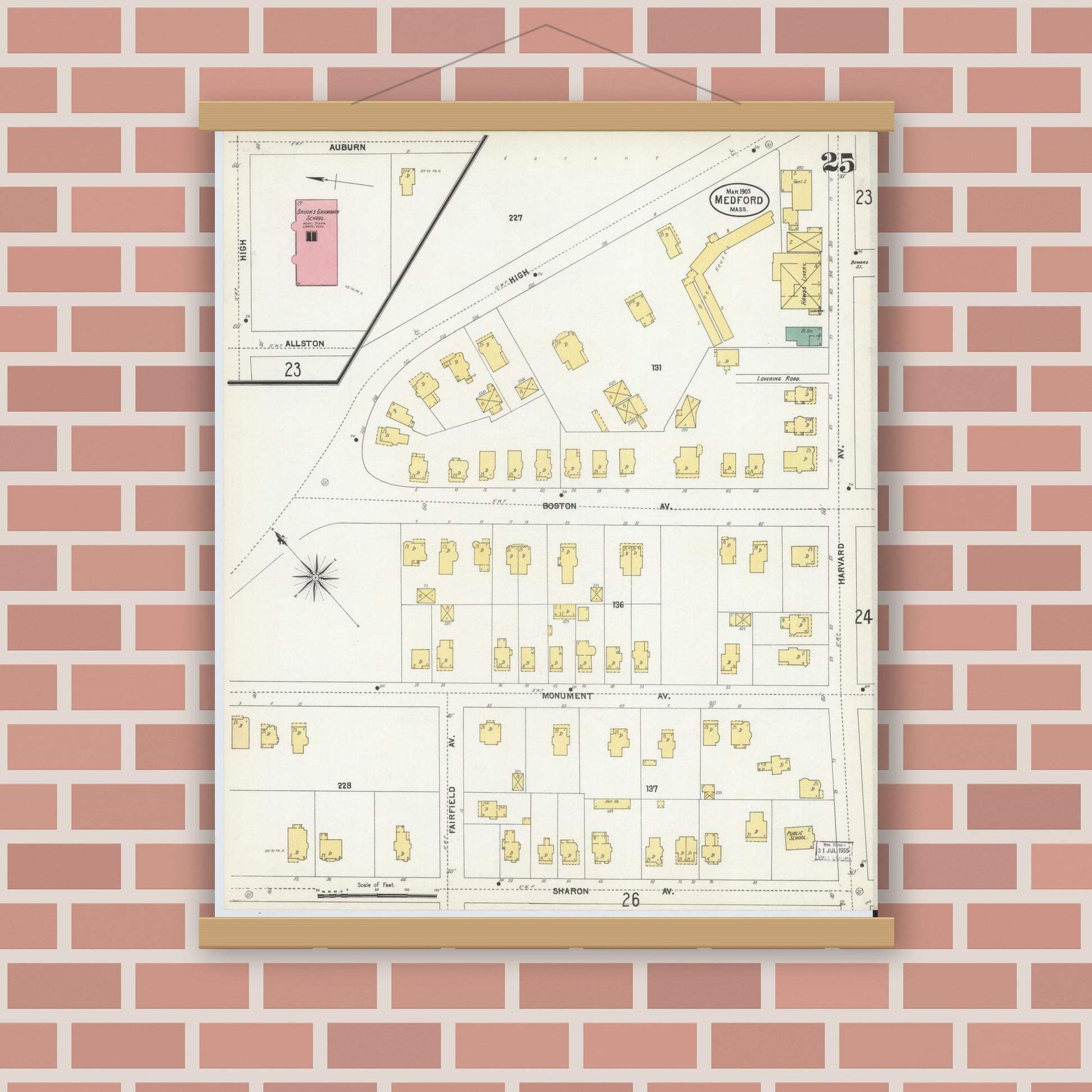 Old map wall art mockup — magnetic wood frame on brick wall — Sanborn Fire Insurance Map from Medford, Middlesex County, Massachusetts (1903), Sheet #0025