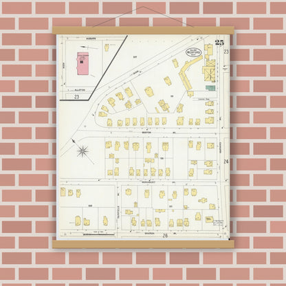 Old map wall art mockup — magnetic wood frame on brick wall — Sanborn Fire Insurance Map from Medford, Middlesex County, Massachusetts (1903), Sheet #0025