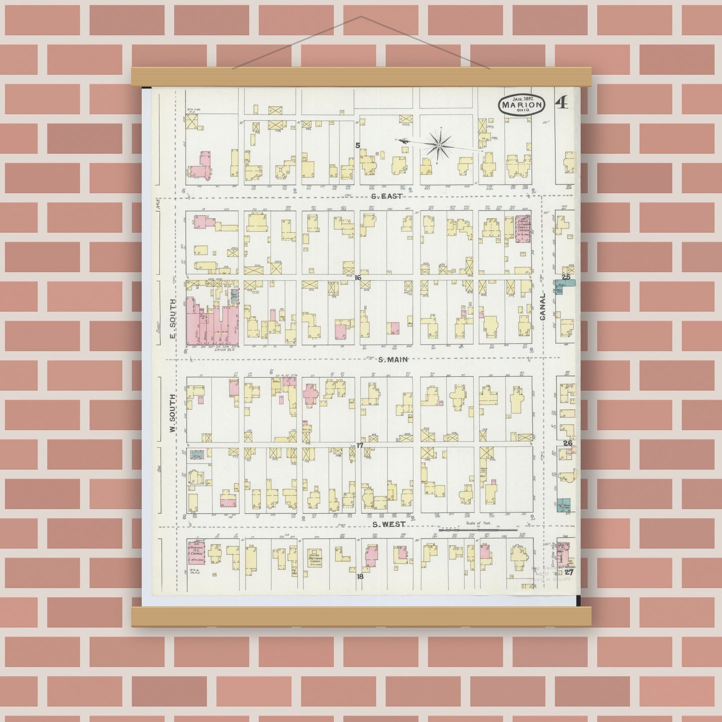 Old map wall art mockup — magnetic wood frame on brick wall — Sanborn Fire Insurance Map from Marion, Marion County, Ohio (1892), Sheet #0004