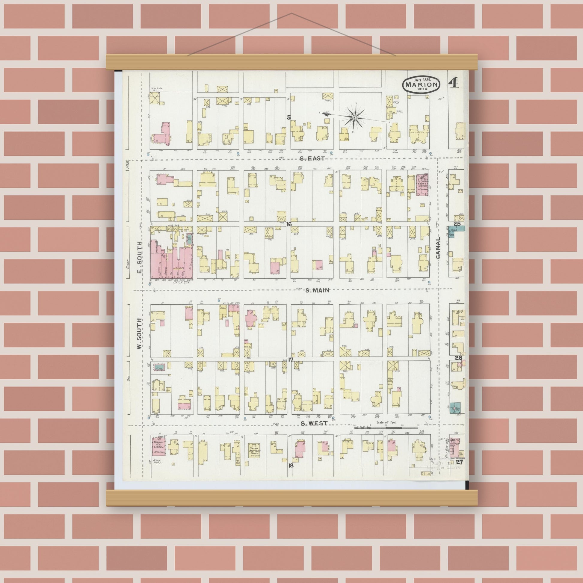 Old map wall art mockup — magnetic wood frame on brick wall — Sanborn Fire Insurance Map from Marion, Marion County, Ohio (1892), Sheet #0004