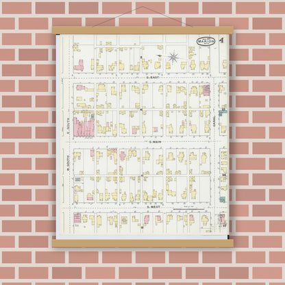 Old map wall art mockup — magnetic wood frame on brick wall — Sanborn Fire Insurance Map from Marion, Marion County, Ohio (1892), Sheet #0004