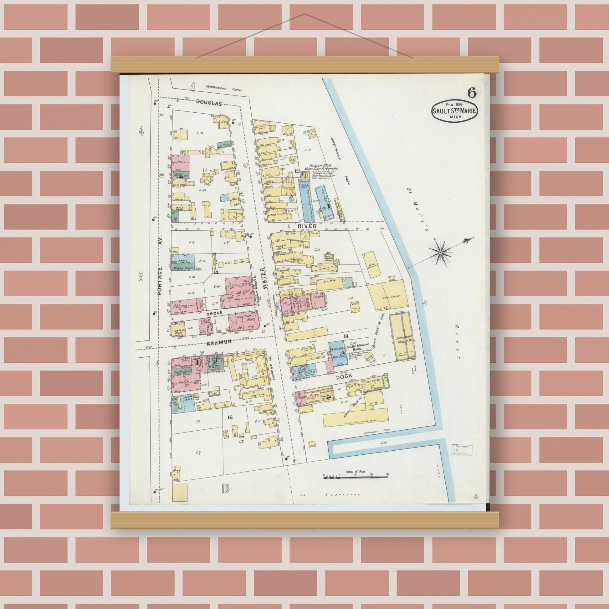 Old map wall art mockup — magnetic wood frame on brick wall — Sanborn Fire Insurance Map from Sault Sainte Marie, Chippewa County, Michigan (1895), Sheet #0006