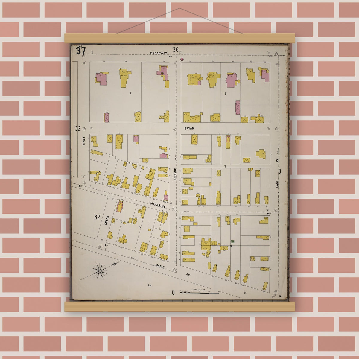 Old map wall art mockup — magnetic wood frame on brick wall — Sanborn Fire Insurance Map from Saratoga, Saratoga County, New York (1900), Sheet #0037