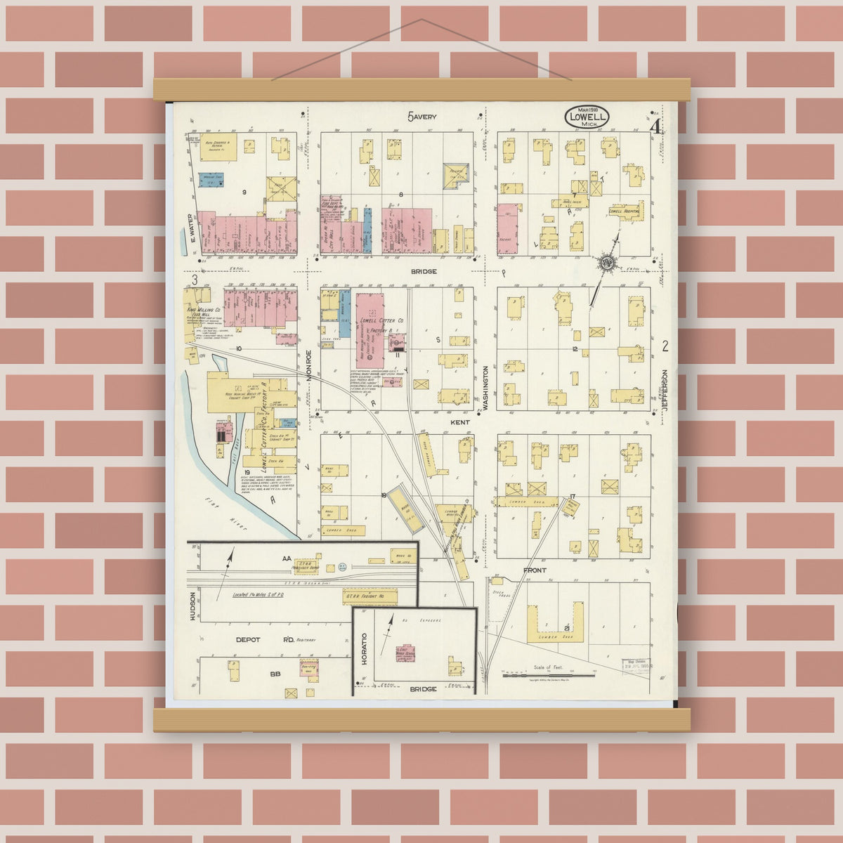 Old map wall art mockup — magnetic wood frame on brick wall — Sanborn Fire Insurance Map from Lowell, Kent County, Michigan (1918), Sheet #0004