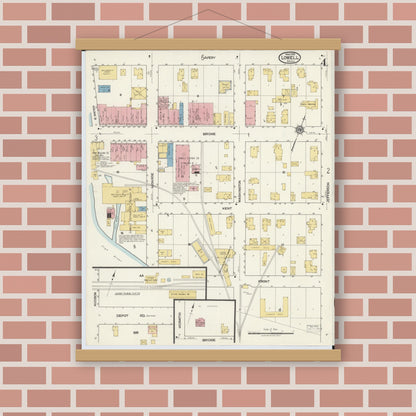 Old map wall art mockup — magnetic wood frame on brick wall — Sanborn Fire Insurance Map from Lowell, Kent County, Michigan (1918), Sheet #0004