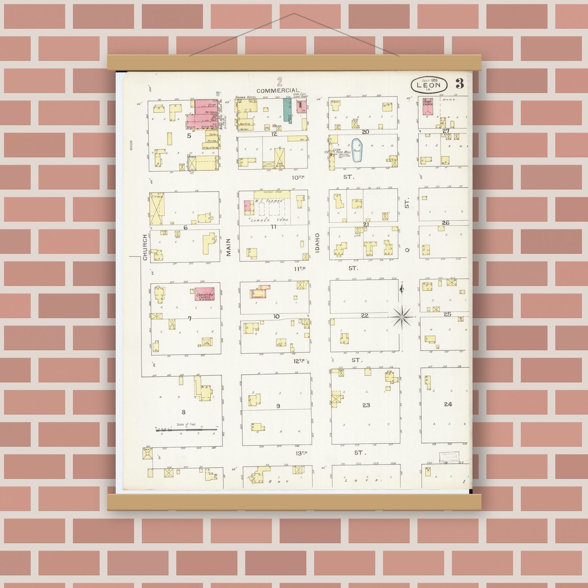 Old map wall art mockup — magnetic wood frame on brick wall — Sanborn Fire Insurance Map from Leon, Decatur County, Iowa (1893), Sheet #0003