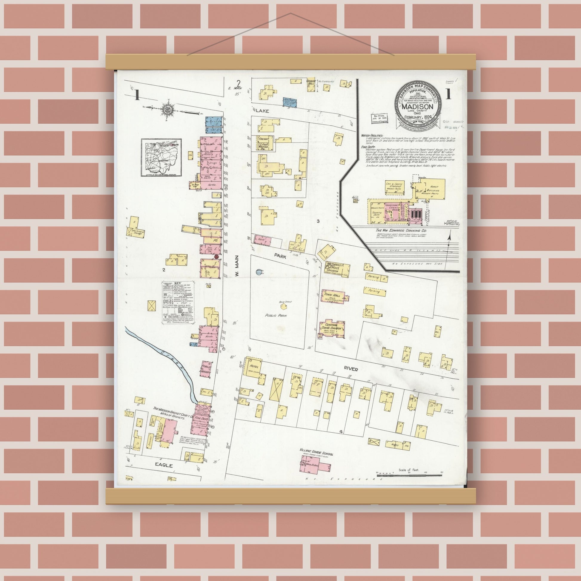 Old map wall art mockup — magnetic wood frame on brick wall — Sanborn Fire Insurance Map from Madison, Lake County, Ohio (1924), Sheet #0001