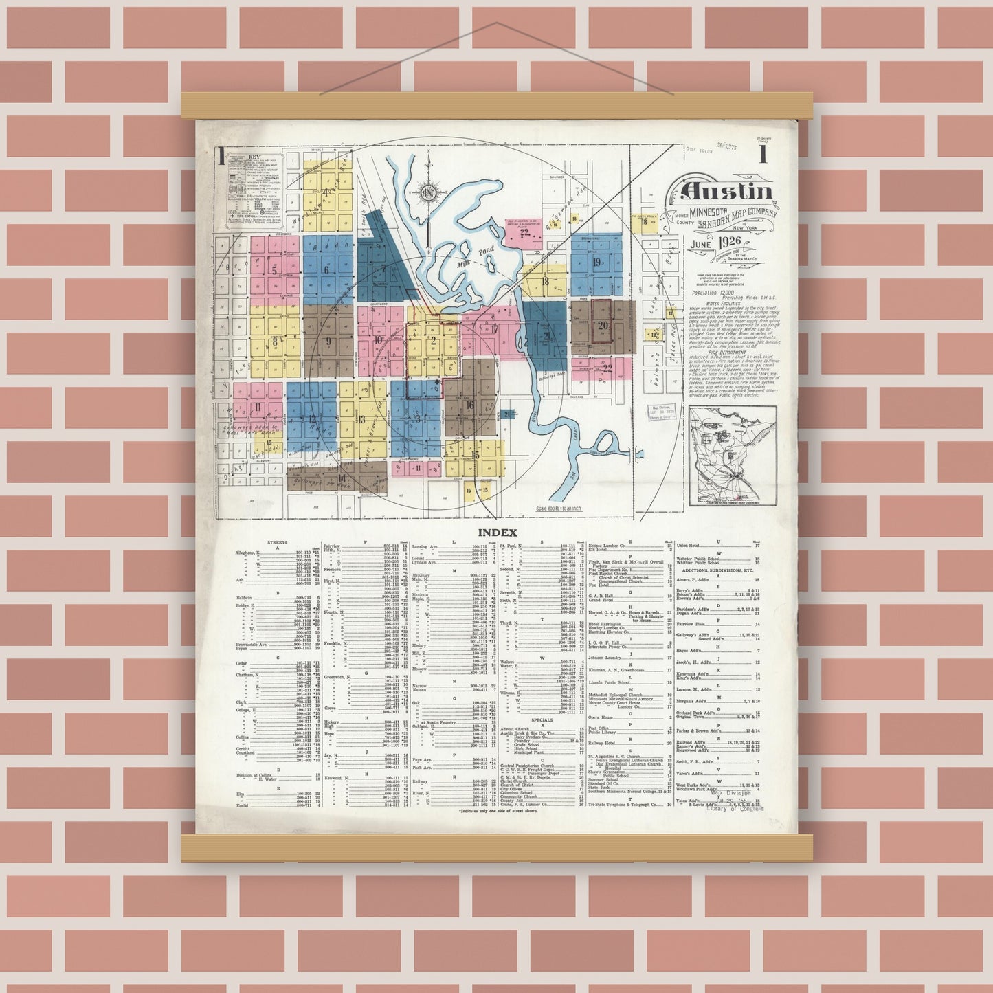 Old map wall art mockup — magnetic wood frame on brick wall — Sanborn Fire Insurance Map from Austin, Mower County, Minnesota (1926) - Complete Map Set