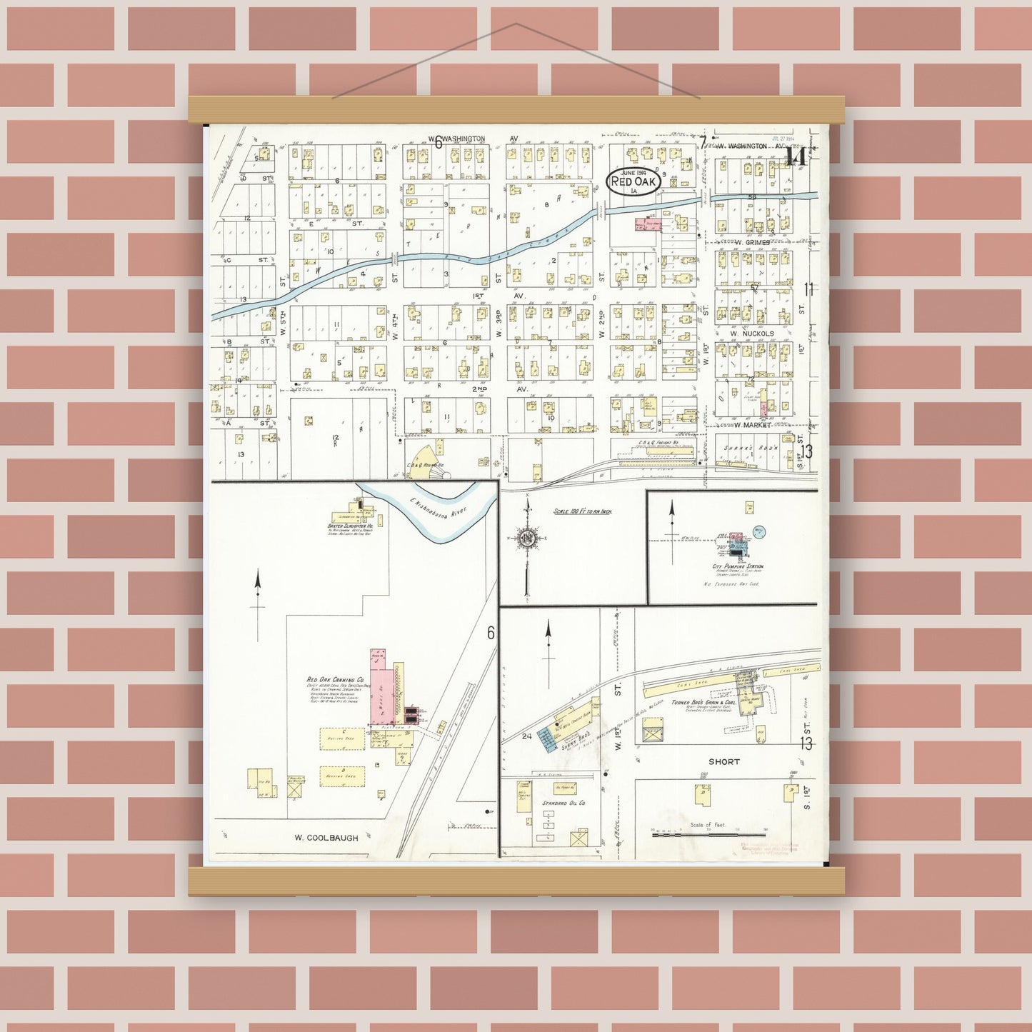 Old map wall art mockup — magnetic wood frame on brick wall — Sanborn Fire Insurance Map from Red Oak, Montgomery County, Iowa (1914), Sheet #0014