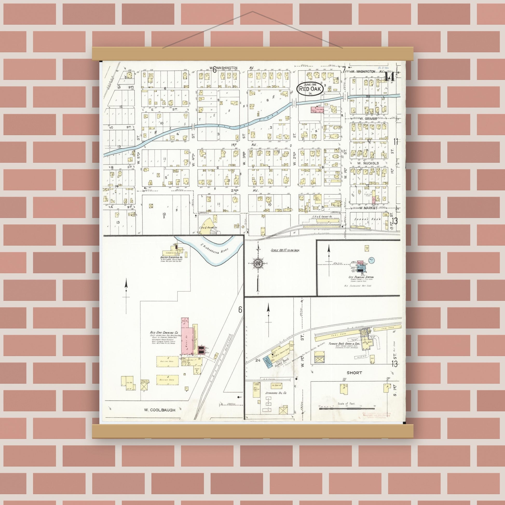 Old map wall art mockup — magnetic wood frame on brick wall — Sanborn Fire Insurance Map from Red Oak, Montgomery County, Iowa (1914), Sheet #0014