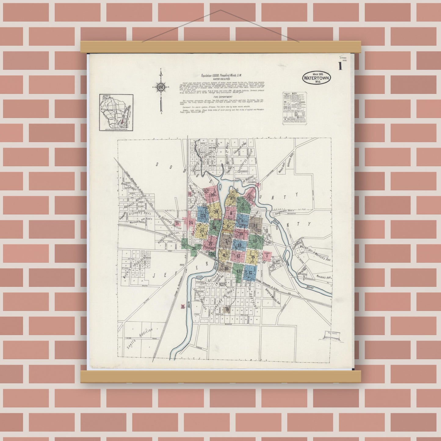 Old map wall art mockup — magnetic wood frame on brick wall — Sanborn Fire Insurance Map from Watertown, Jefferson County, Wisconsin (1915), Sheet #0002
