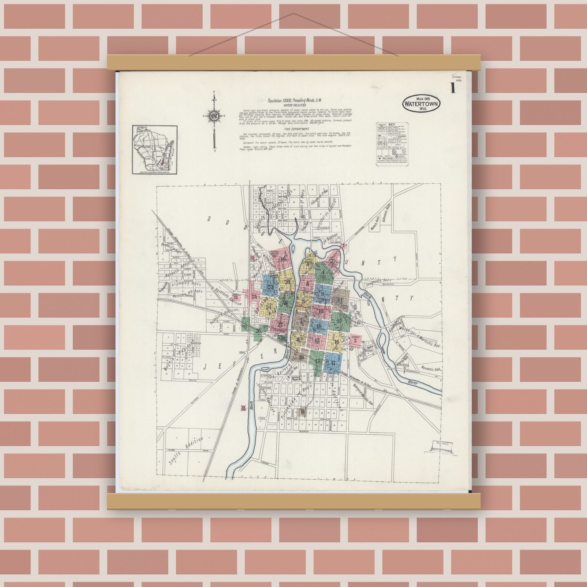 Old map wall art mockup — magnetic wood frame on brick wall — Sanborn Fire Insurance Map from Watertown, Jefferson County, Wisconsin (1915), Sheet #0002