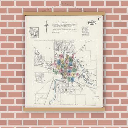 Old map wall art mockup — magnetic wood frame on brick wall — Sanborn Fire Insurance Map from Watertown, Jefferson County, Wisconsin (1915), Sheet #0002