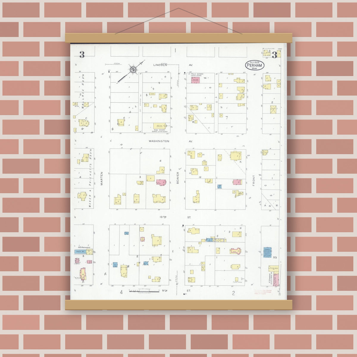 Old map wall art mockup — magnetic wood frame on brick wall — Sanborn Fire Insurance Map from Perham, Otter Tail County, Minnesota (1929), Sheet #0003
