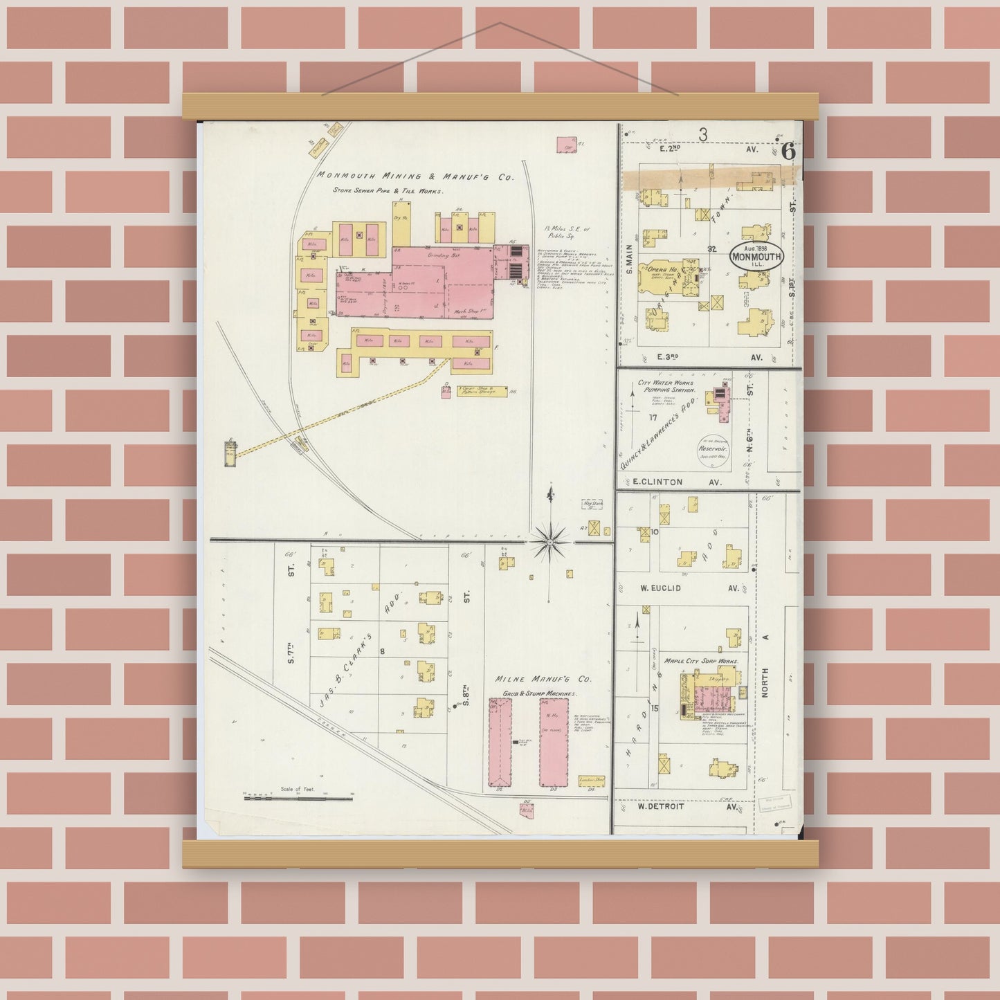 Old map wall art mockup — magnetic wood frame on brick wall — Sanborn Fire Insurance Map from Monmouth, Warren County, Illinois (1898), Sheet #0006