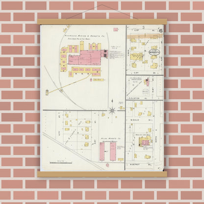 Old map wall art mockup — magnetic wood frame on brick wall — Sanborn Fire Insurance Map from Monmouth, Warren County, Illinois (1898), Sheet #0006