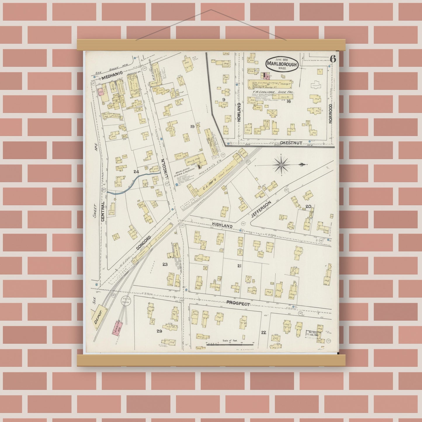 Old map wall art mockup — magnetic wood frame on brick wall — Sanborn Fire Insurance Map from Marlborough, Middlesex County, Massachusetts (1890), Sheet #0006
