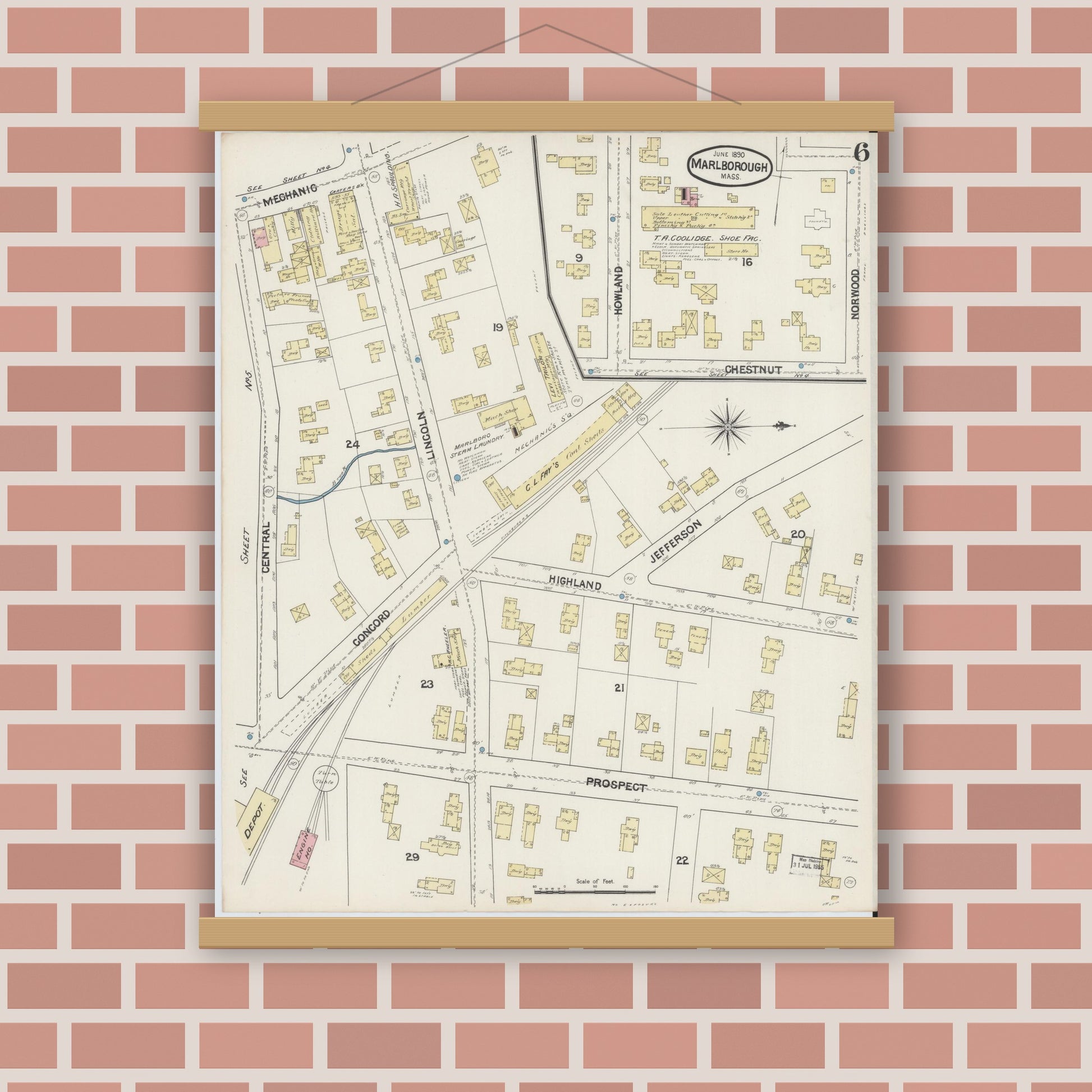Old map wall art mockup — magnetic wood frame on brick wall — Sanborn Fire Insurance Map from Marlborough, Middlesex County, Massachusetts (1890), Sheet #0006